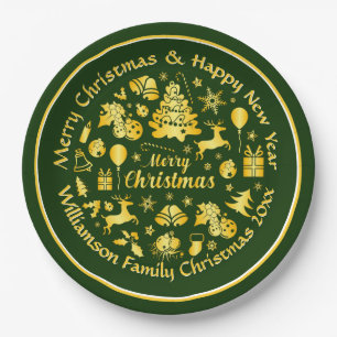 Add Name Change Text Gold Green Christmas 20xx 9" Paper Plate