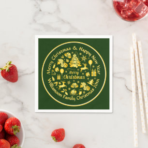 Add Name Change Text Gold  Green Christmas 20xx  Napkin