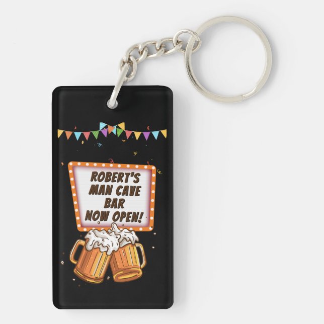 Add Name Change Text Man Cave Bar Beer Key Ring (Back)