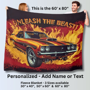 Add Name Change Text, Muscle Car with Flames Fleece Blanket
