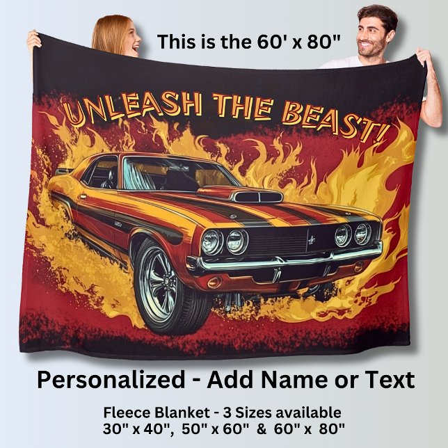 Add Name Change Text, Muscle Car with Flames Fleece Blanket (Creator Uploaded)