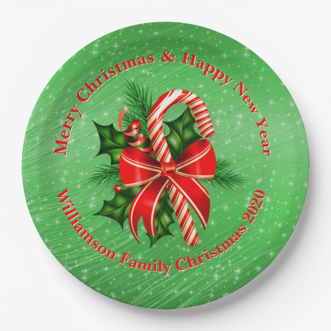 Add Name Change Text Red Green Christmas 9" Paper Plate (Front)