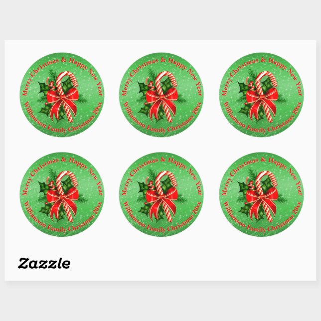 Add Name Change Text Red Green Christmas Classic R Round Sticker (Sheet)