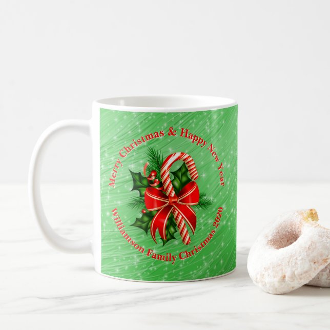 Add Name Change Text Red Green Christmas Coffee Mug (With Donut)