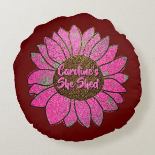Add Name  Change Text She Shed Pink Sunflower      Round Cushion