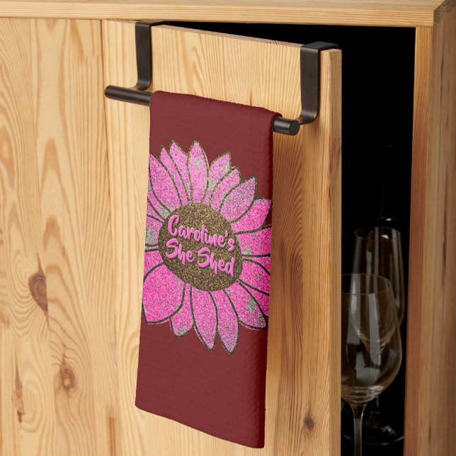 Add Name Change Text She Shed Pink Sunflower       Tea Towel (Thirds Fold)