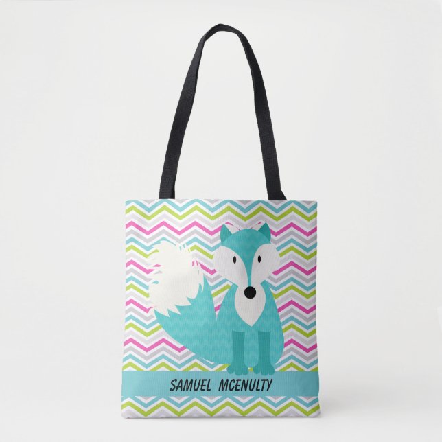 Add Name Chevron Stripe With Blue Fox Tote Bag (Front)