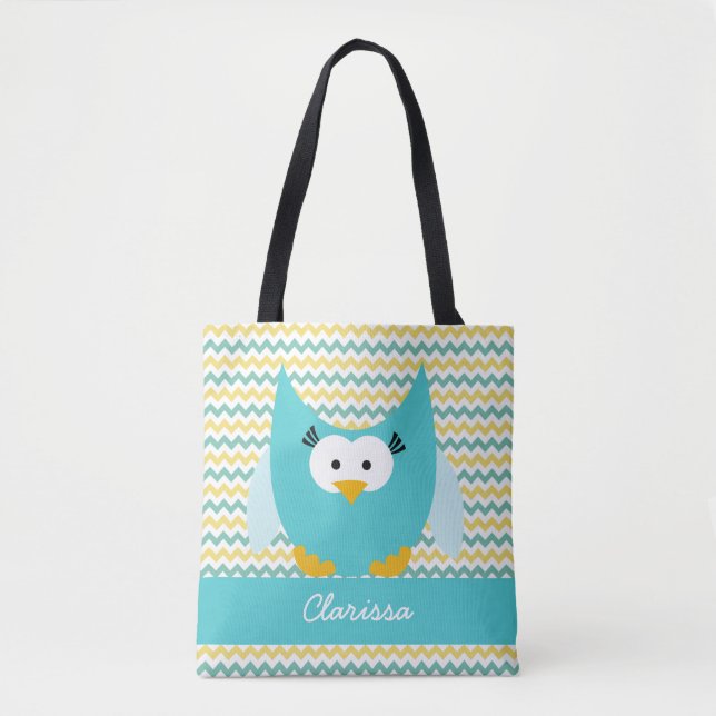 Add Name Chevron Stripe With Owl Tote Bag (Front)