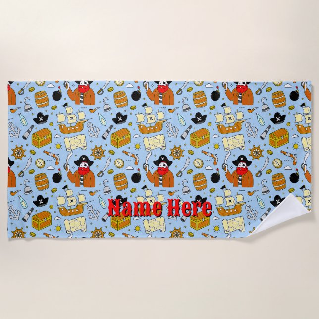 Add Name - Child's Pirate Symbols Icons on Blue  Beach Towel (Front)
