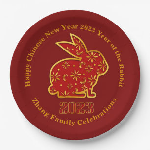 Add Name Chinese New Year 2023 Rabbit Red Gold 9" Paper Plate
