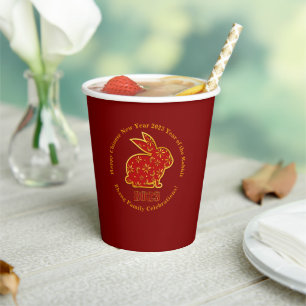 Add Name Chinese New Year 2023 Rabbit Red Gold Paper Cups