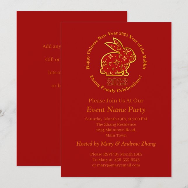 Add Name Chinese New Year 2023 Year Rabbit Gold  Invitation (Front/Back)
