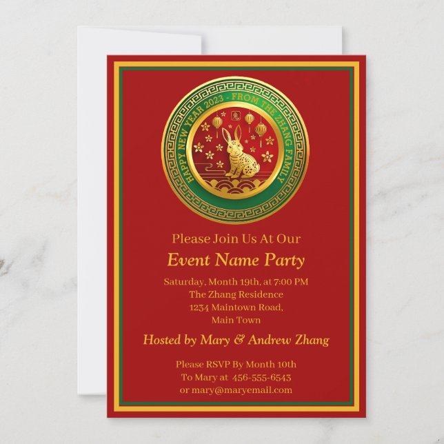Add Name Chinese New Year 2023 Year Rabbit Green   Invitation (Front)