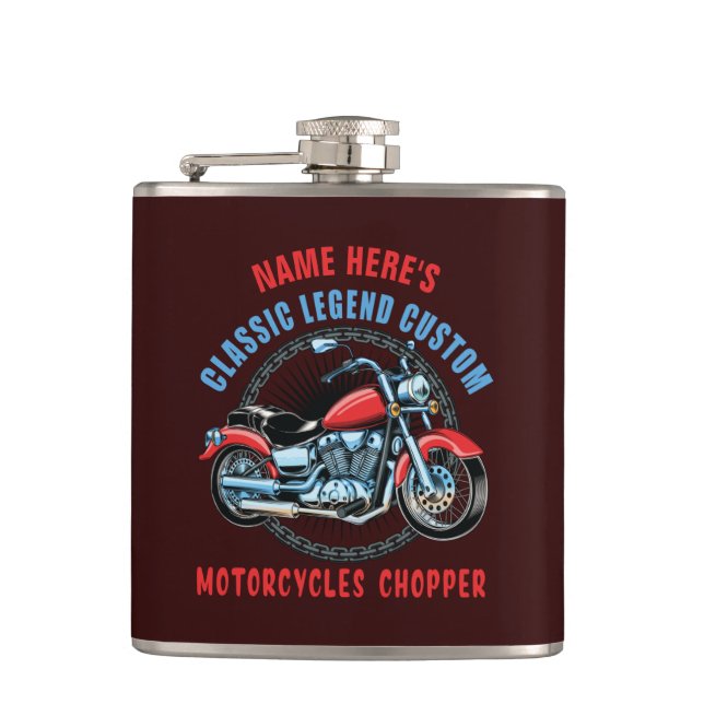 Add Name Classic Custom Red Motorcycle Chopper     Hip Flask (Front)