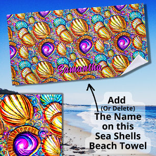 Add Name, Collection of Abstract Sea Shells Blue  Beach Towel