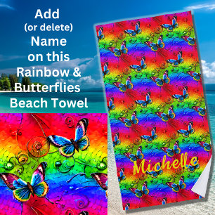 Add Name, Colour Butterflies on Rainbow  Beach Towel