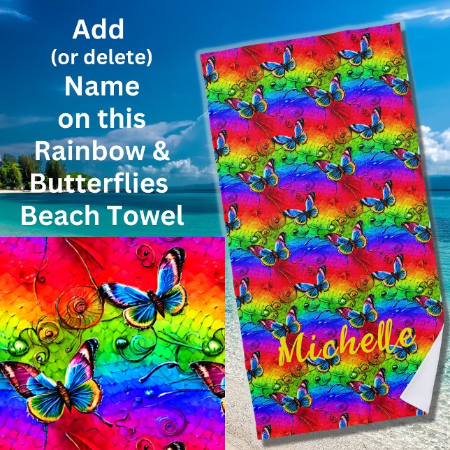 Add Name, Colour Butterflies on Rainbow  Beach Towel (Creator Uploaded)