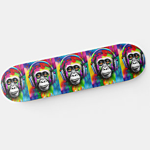 Add Name, Colourful Monkey with Headphones  Skateboard