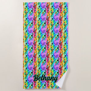 Add Name, Colourful Music Notes Abstract  Beach Towel