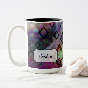 Add Name, Colourful Watercolor Abstract w/ Diamond Two-Tone Coffee Mug