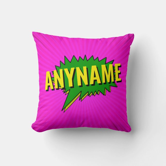 Add Name Comic Book Style Text Pink Green Yellow  Cushion (Front)