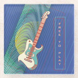 Add Name Cool Modern Teal & Blue Electric Guitar Glass Coaster
