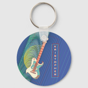   Add Name Cool Modern Teal & Blue Electric Guitar Key Ring