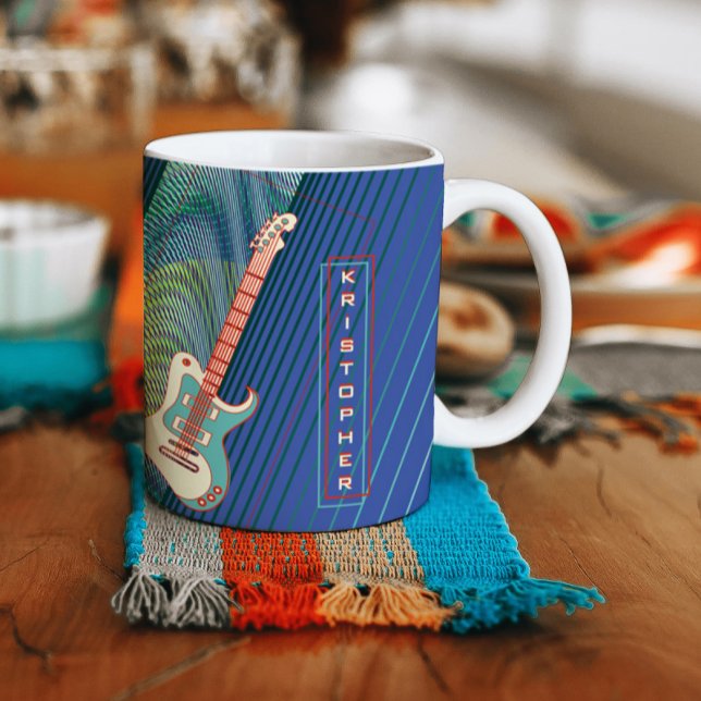  Add Name Cool Modern Teal & Blue Electric Guitar Large Coffee Mug (Creator Uploaded)