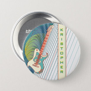  Add Name Cool Modern White & Teal Electric Guitar 7.5 Cm Round Badge