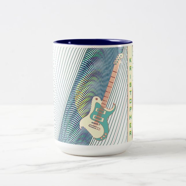  Add Name Cool Modern White & Teal Electric Guitar Two-Tone Coffee Mug (Center)