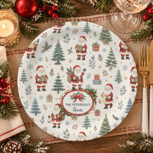 Add Name Cosy Santa and Botanical Trees Christmas Paper Plate