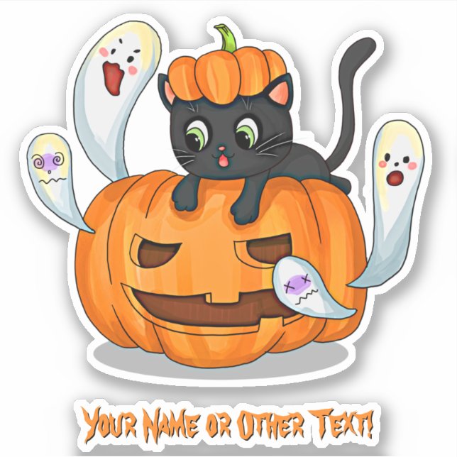 Add Name, Cute Black Cat Kitten on Pumpkin Ghosts (Front)
