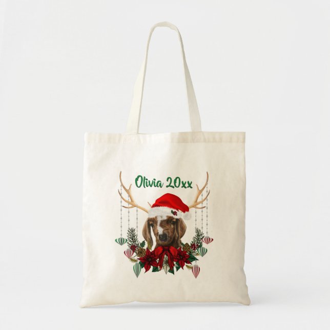 ADD NAME - Cute Christmas Boer Goat Kid Tote Bag (Front)