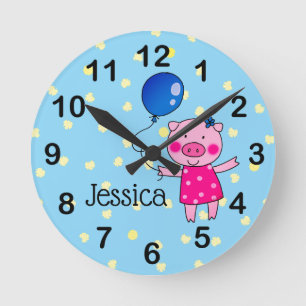 add name - cute piggy girl round clock