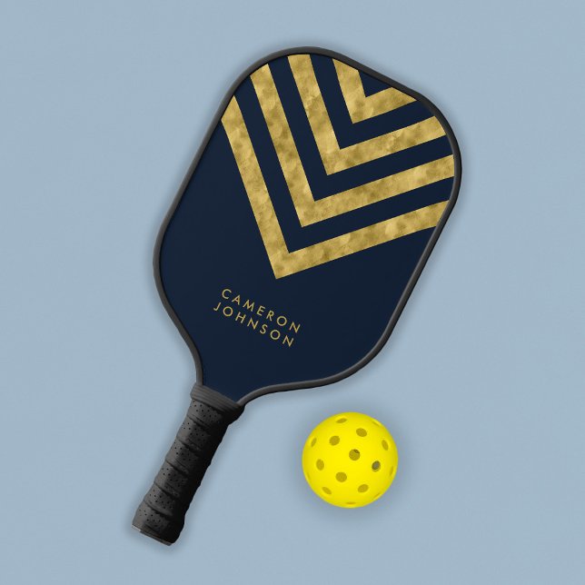 Add Name Dark Blue and Faux Gold Chevron Pickleball Paddle (Creator Uploaded)