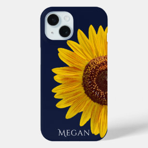 Add Name Deep Navy Blue Close Up Yellow Sunflower  iPhone 15 Case