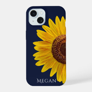 Add Name Deep Navy Blue Close Up Yellow Sunflower  iPhone 15 Case
