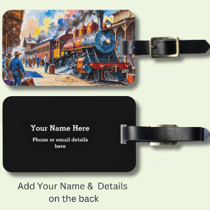 Add Name & Details, Old Steam Train in Station Luggage Tag