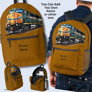 Add Name, Diesel Locomotive on Brown Printed Backpack