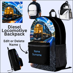 Add Name Diesel Locomotive Train on Black Printed Backpack