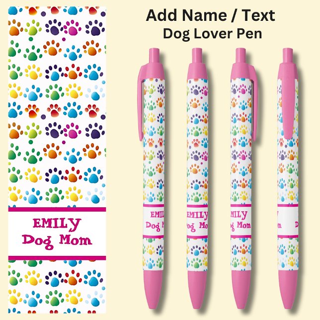Add Name, 'Dog Mum',  Dog Rainbow Paw Prints  Black Ink Pen (Creator Uploaded)