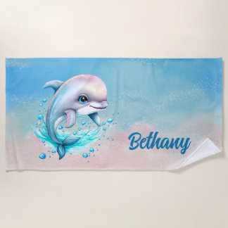 Add Name, Dolphin Swimming with Bubbles Pink Blue Beach Towel