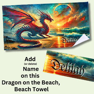 Add Name, Dragon on Beach at Sunset Beach Towel