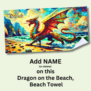 Add Name, Dragon on Beach at Sunset Beach Towel