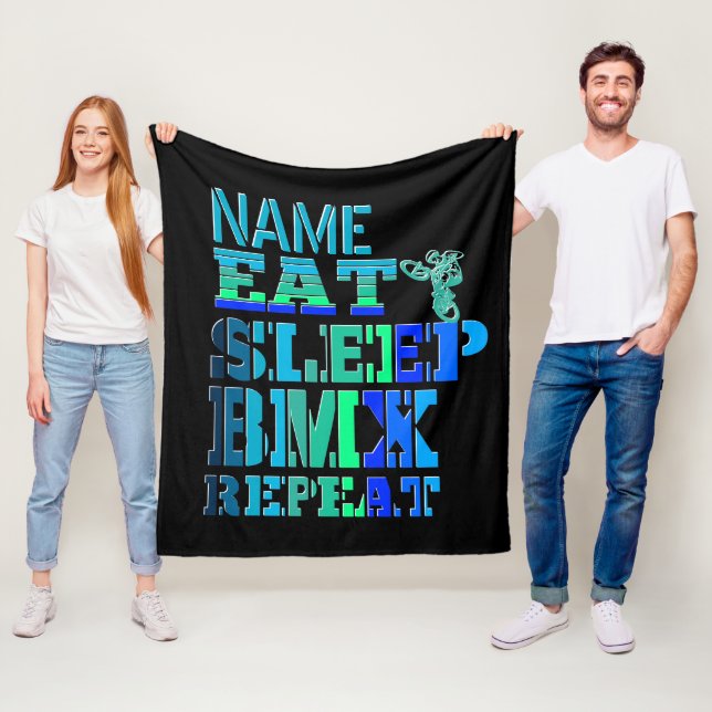 Add Name Eat Sleep BMX Repeat Blue Text Bike Rider Fleece Blanket (In Situ)