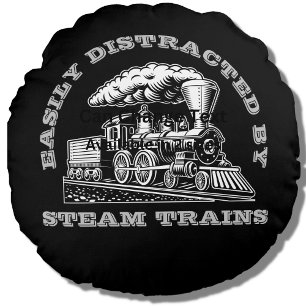 Add Name Edit Text Easily Distracted Steam Trains  Round Cushion