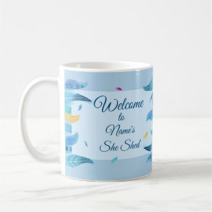 Add Name Edit Text She Shed Boho Blue Feathers Coffee Mug