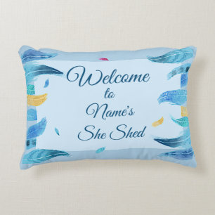 Add Name Edit Text She Shed Boho Blue Feathers     Decorative Cushion