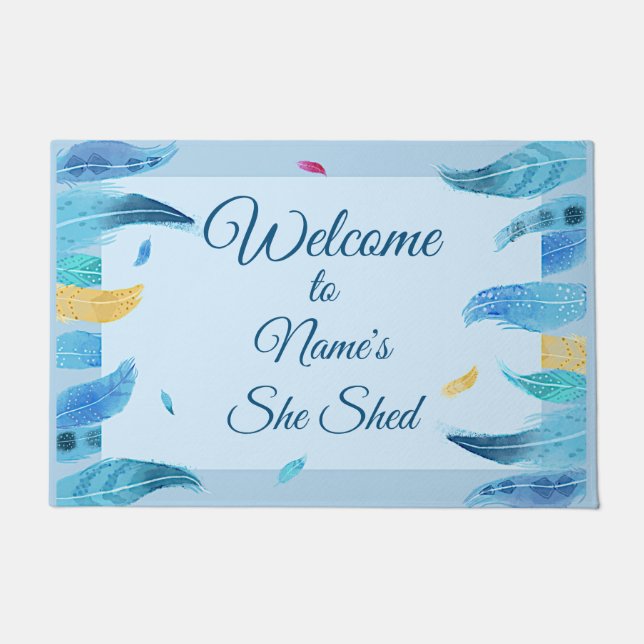 Add Name Edit Text She Shed Boho Blue Feathers     Doormat (Front)