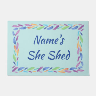 Add Name Edit Text She Shed Boho Blue Feathers     Doormat